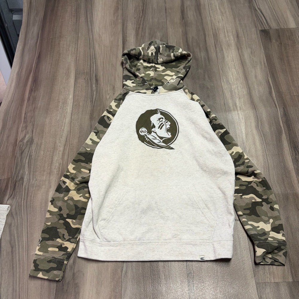 Colosseum FSU Seminoles Camo Raglan Hoodie Mens Medium Oatmeal Grey